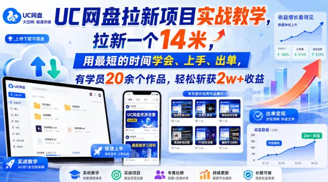 UC网盘拉新项目实战教学，拉新一个14米，用最短的时间学会、上手、出单，有学员20余个作品，轻松斩获2w+收益-泡泡网赚