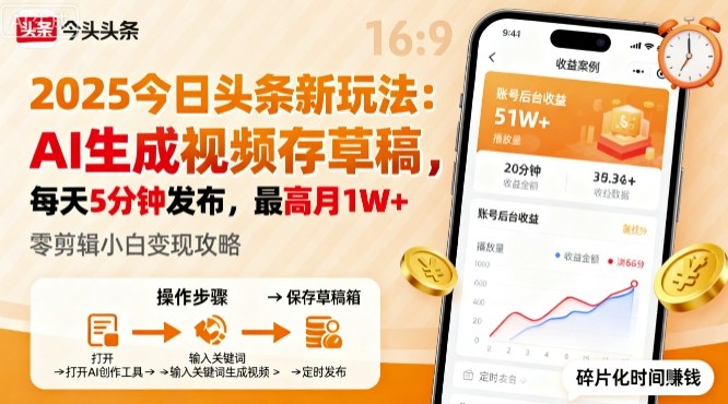 2025年今日头条躺賺新玩法，AI生成视频存草稿，每天5分钟发布，最高月1W+【揭秘】-泡泡网赚