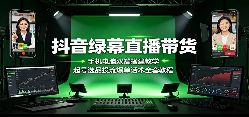 抖音绿幕直播带货：手机电脑双端搭建教学，起号选品投流爆单话术全套教程-泡泡网赚