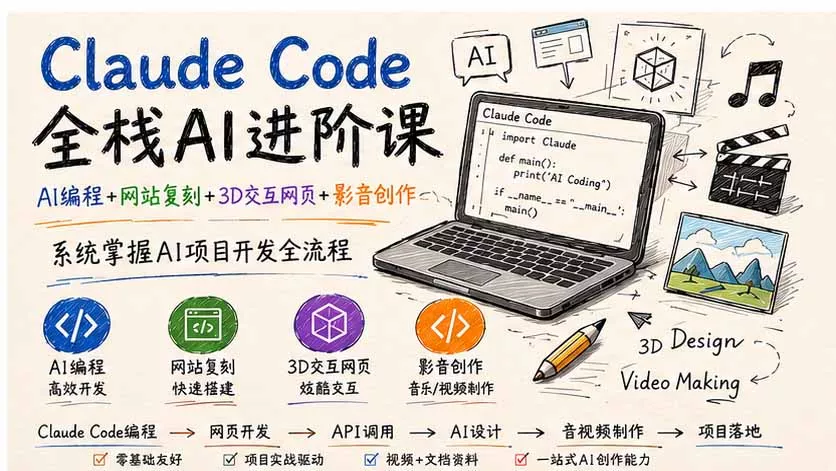 Claude Code全栈AI进阶课；AI编程+网站复刻+3D交互网页+影音创作，系统掌握AI项目开发全流程-泡泡网赚