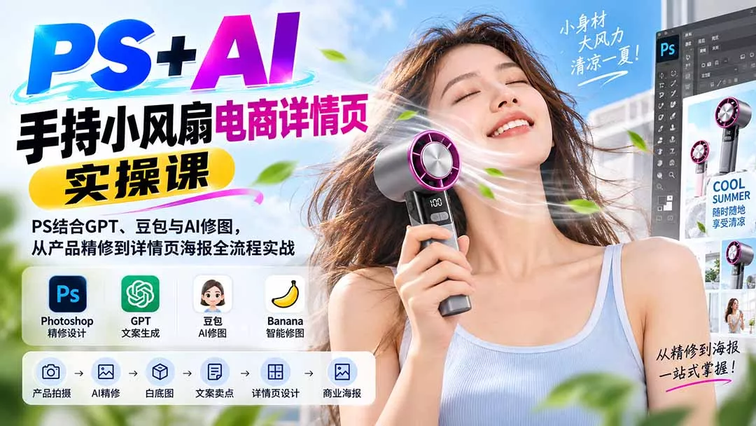 PS+AI手持小风扇电商详情页实操课：PS结合GPT、豆包与AI修图，从产品精修到详情页海报全流程实战-泡泡网赚