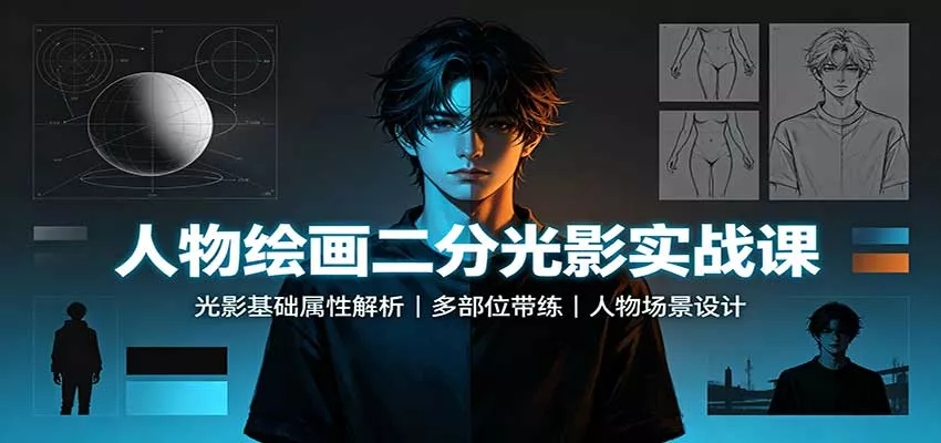 人物绘画二分光影实战课：光影基础属性解析，多部位带练，人物场景设计-泡泡网赚