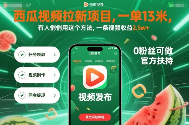 西瓜视频拉新项目，一单13米，有人悄悄用这个方法，一条视频收益2.5w+(附详细教程)-泡泡网赚