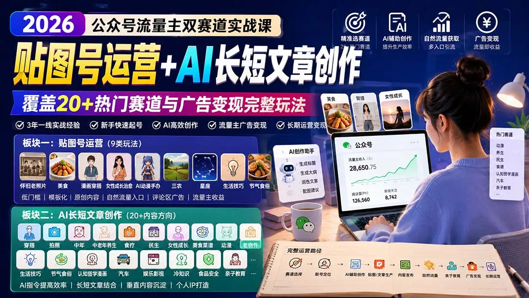 公众号流量主双赛道实战课:贴图号运营+AI长短文章创作,覆盖20+热门赛道与广告变现完整玩法 公众号流量主双赛道实战课:贴图号运营+AI长短文章创作,覆盖20+热门赛道与广告变现完整玩法