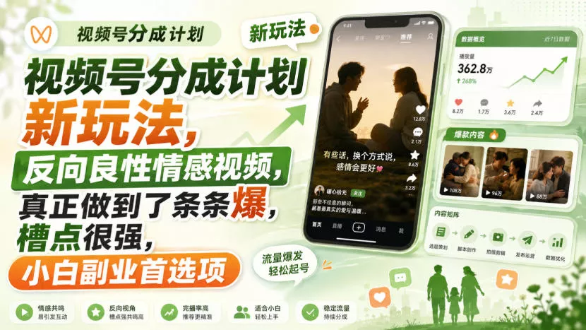 视频号分成计划新玩法，反向良性情感视频，真正做到了条条爆，槽点很强，小白副业首选项-泡泡网赚