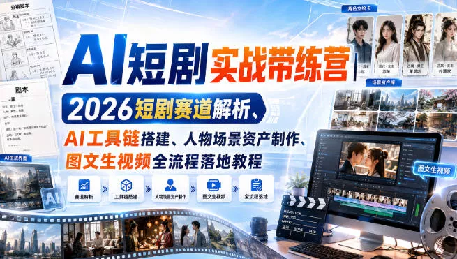 AI短剧实战带练营｜2026短剧赛道解析、AI工具链搭建、人物场景资产制作、图文生视频全流程落地教程-泡泡网赚