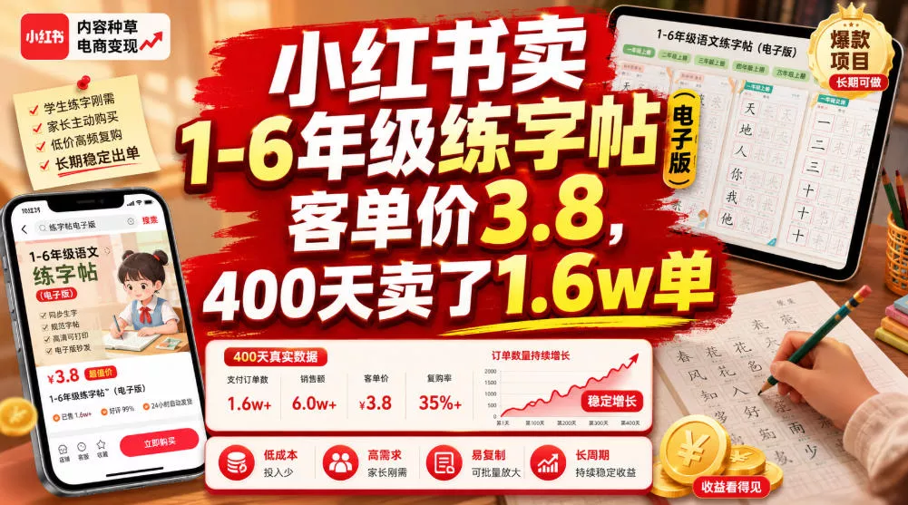 小红书卖1-6年级练字帖(电子版)，客单价3.8，400天卖了1.6w单-泡泡网赚