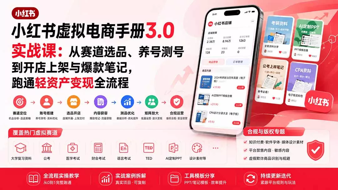 小红书虚拟电商手册3.0实战课：从赛道选品、养号测号到开店上架与爆款笔记，跑通轻资产变现全流程-泡泡网赚