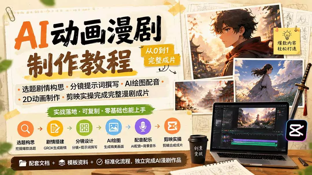 AI动画漫剧制作教程｜选题剧情构思·分镜提示词撰写·AI绘图配音·2D动画制作·剪映实操完成完整漫剧成片-泡泡网赚