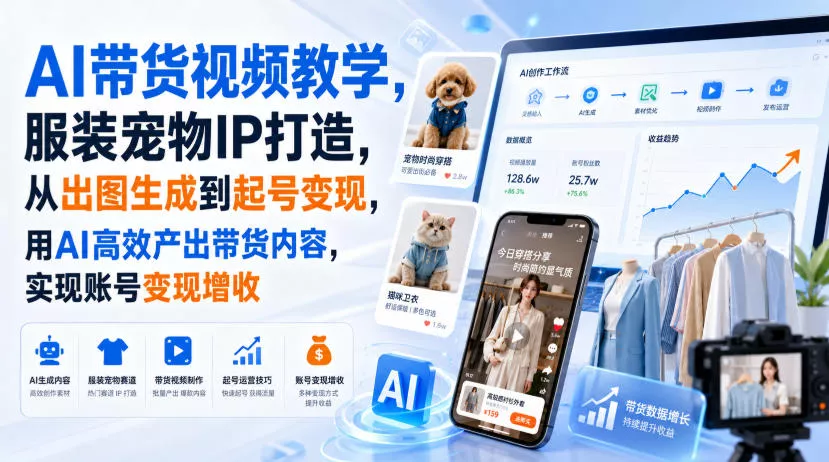 AI带货视频教学，服装宠物IP打造，从出图生成到起号变现，用AI高效产出带货内容，实现账号变现增收-泡泡网赚