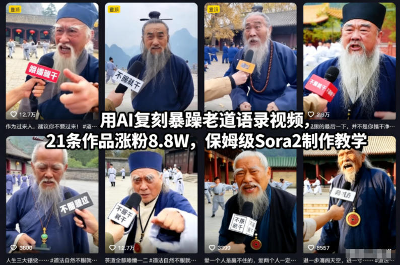 用AI复刻暴躁老道语录视频，21条作品涨粉8.8W，保姆级Sora2制作教学-泡泡网赚