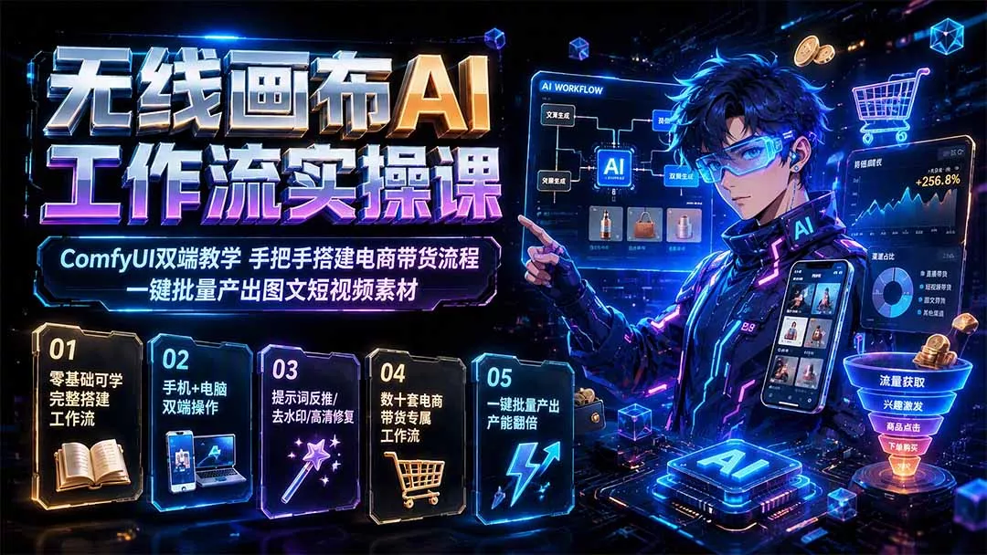 无线画布AI工作流实操课|ComfyUI双端教学,手把手搭建电商带货流程,一键批量产出图文短视频素材 无线画布AI工作流实操课|ComfyUI双端教学,手把手搭建电商带货流程,一键批量产出图文短视频素材