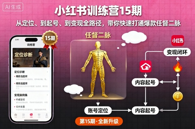 小红书训练营15期，从定位、到起号、到变现全路径，带你快速打通爆款任督二脉-泡泡网赚