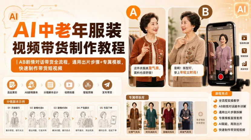 AI中老年服装视频带货制作教程｜AB剧情对话带货全流程，通用出片步骤+专属模板，快速制作带货短视频-泡泡网赚