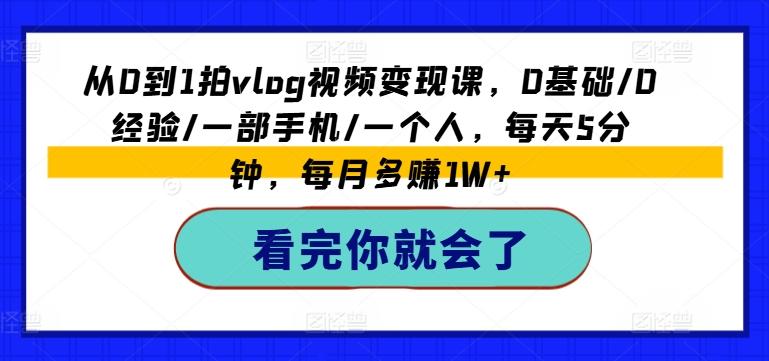 从0到1拍vlog视频变现课，0基础/0经验/一部手机/一个人，每天5分钟，每月多赚1W+-泡泡网赚