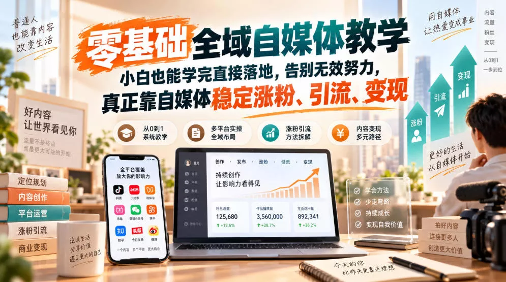 零基础全域自媒体教学，小白也能学完直接落地，告别无效努力，真正靠自媒体稳定涨粉、引流、变现-泡泡网赚