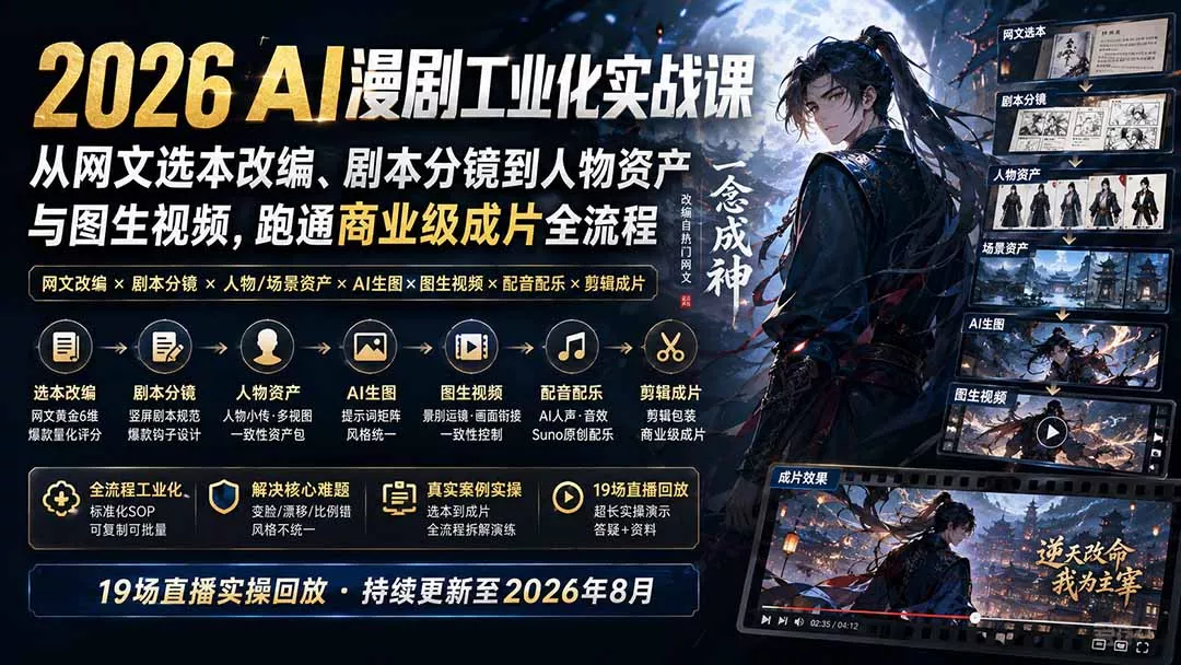 2026 AI漫剧工业化实战课-更新：从网文选本改编、剧本分镜到人物资产与图生视频，跑通商业级成片全流程-泡泡网赚