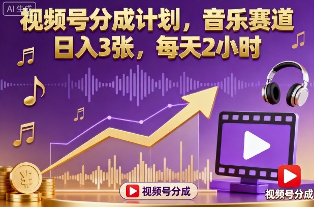 视频号分成计划，音乐赛道，日入3张，每天2小时-泡泡网赚