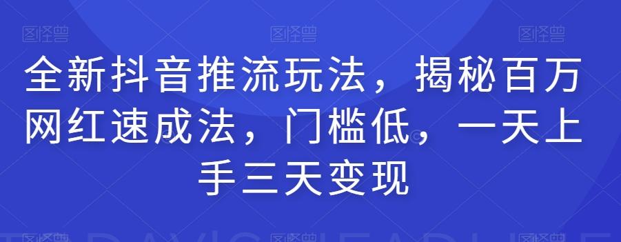 全新抖音推流玩法，揭秘百万网红速成法，门槛低，一天上手三天变现-泡泡网赚