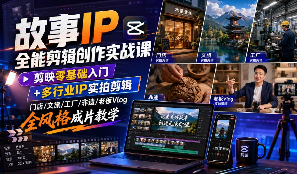故事IP全能剪辑创作实战课｜剪映零基础入门+多行业IP实拍剪辑，门店/文旅/工厂/非遗/老板Vlog全风格成片教学-泡泡网赚