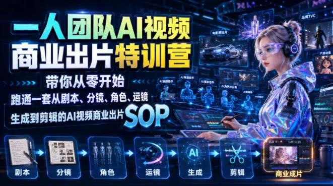 一人团队AI视频商业出片实战课：带你从零开始跑通一套从剧本、分镜、角色、运镜、生成到剪辑的AI视频商业出片SOP-泡泡网赚