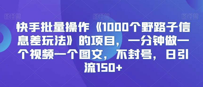 快手批量操作《1000个野路子信息差玩法》的项目，一分钟做一个视频一个图文，不封号，日引流150+【揭秘】-泡泡网赚