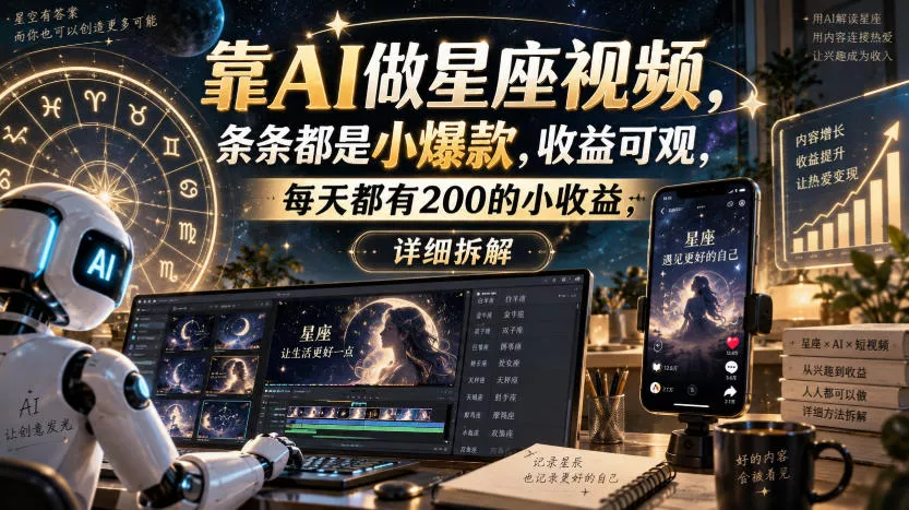 靠AI做星座视频，条条都是小爆款，收益可观，每天都有200的小收益，详细拆解-泡泡网赚