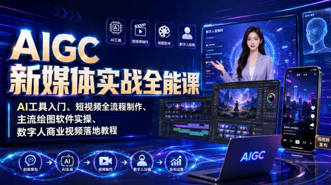 AIGC新媒体实战全能课|AI工具入门、短视频全流程制作、主流绘图软件实操、数字人商业视频落地教程 AIGC新媒体实战全能课|AI工具入门、短视频全流程制作、主流绘图软件实操、数字人商业视频落地教程