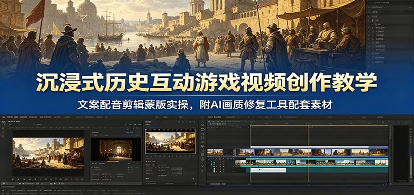 沉浸式历史互动游戏视频创作教学：文案配音剪辑蒙版实操，附AI画质修复工具配套素材-泡泡网赚