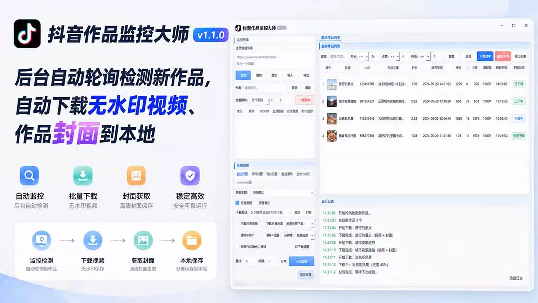 抖音作品监控大师v1.1.0：后台自动轮询检测新作品，自动下载无水印视频、作品封面到本地