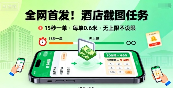 全网首发！酒店截图任务，15秒一单，每单0.6米，任务无上限不设限，矩阵操作单日3张到手【揭秘】-泡泡网赚
