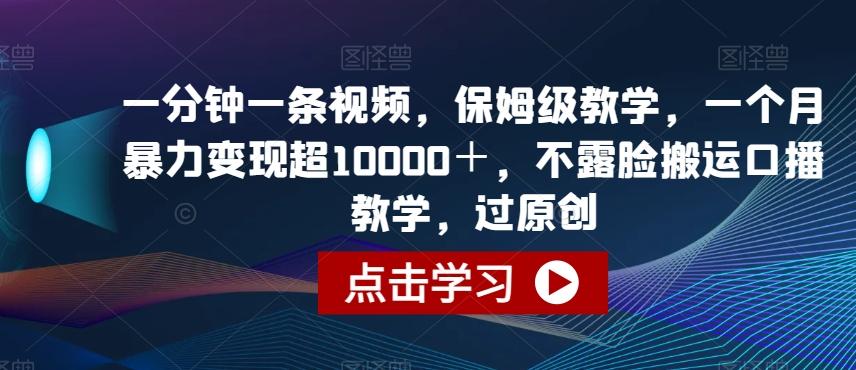 一分钟一条视频，保姆级教学，一个月暴力变现超10000＋，不露脸搬运口播教学，过原创-泡泡网赚