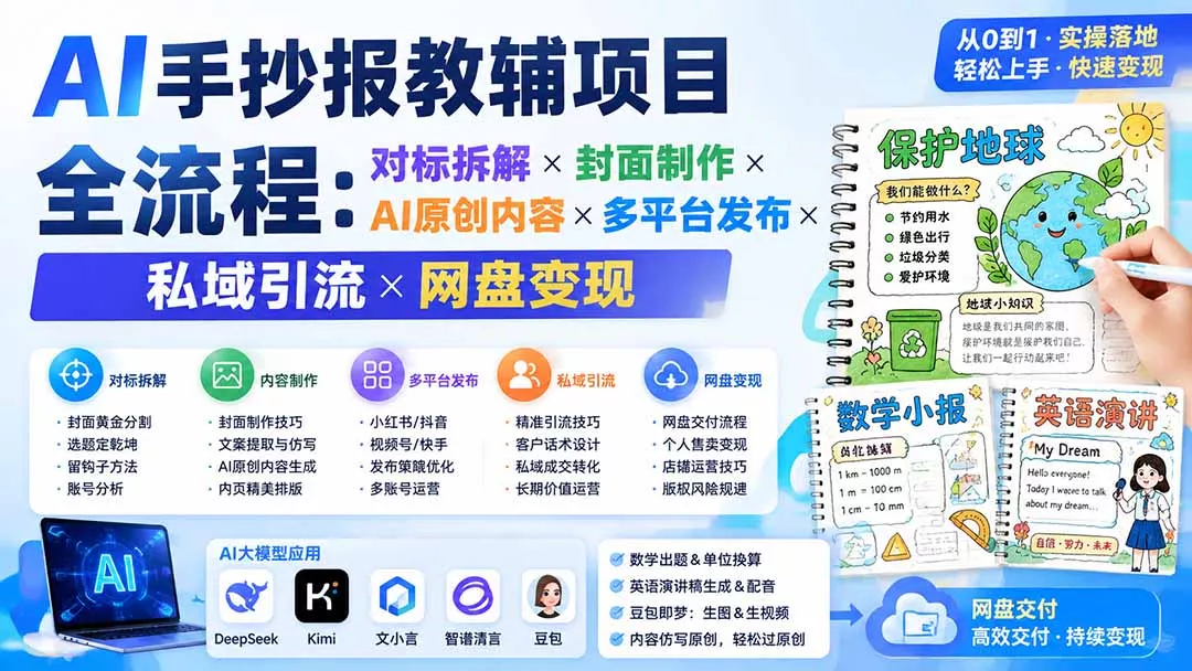 AI手抄报教辅项目全流程：对标拆解×封面制作×AI原创内容×多平台发布×私域引流×网盘变现-泡泡网赚