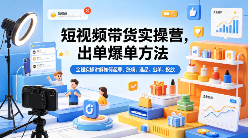 短视频带货实操营，出单爆单方法，全程实操讲解如何起号、涨粉、选品、出单、投放-泡泡网赚