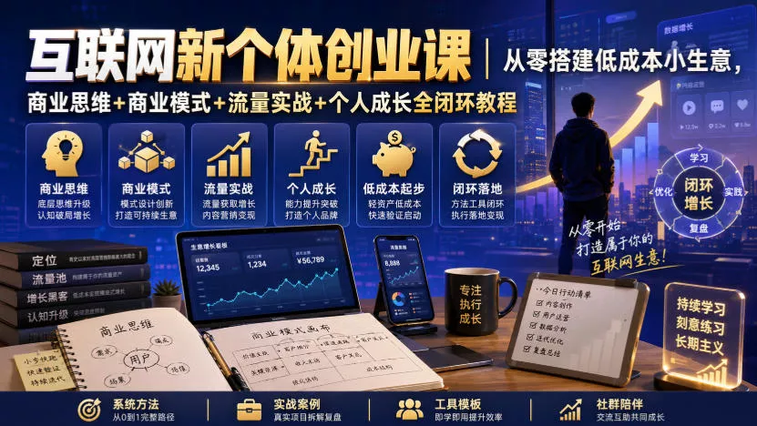 互联网新个体创业课｜从零搭建低成本小生意，商业思维+商业模式+流量实战+个人成长全闭环教程-泡泡网赚