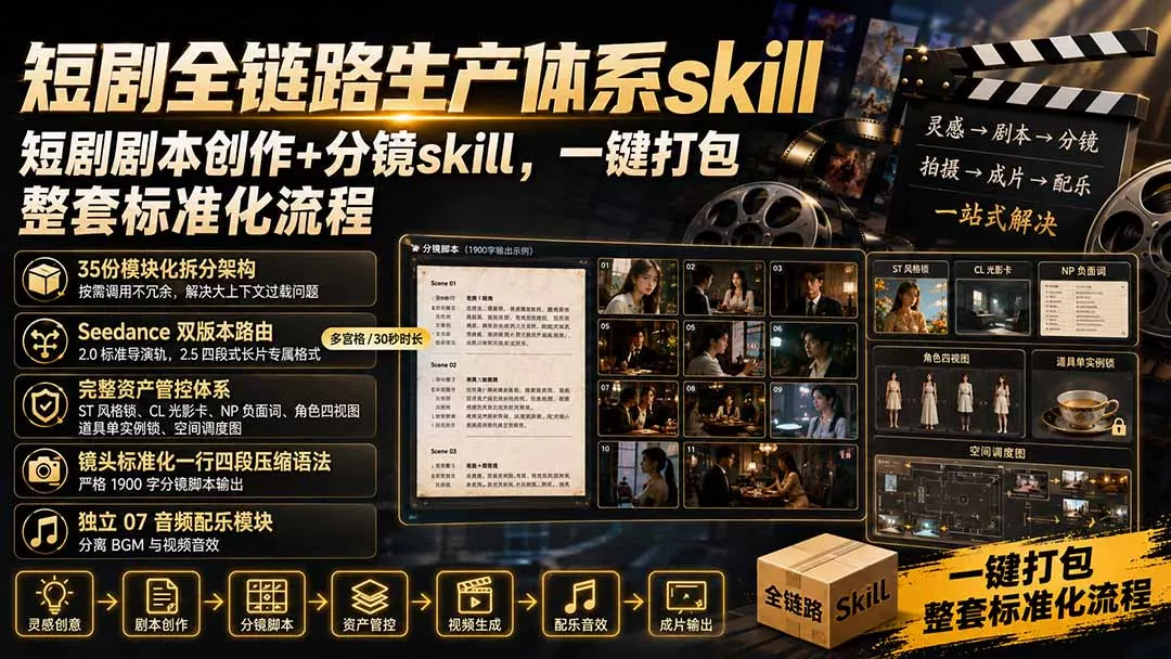 短剧全链路生产体系skill，短剧剧本创作+分镜skill，一键打包，整套标准化流程-泡泡网赚