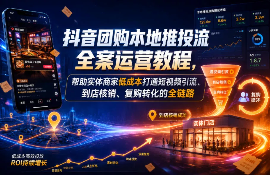 抖音团购本地推投流全案运营教程，帮助实体商家低成本打通短视频引流、到店核销、复购转化的全链路-泡泡网赚