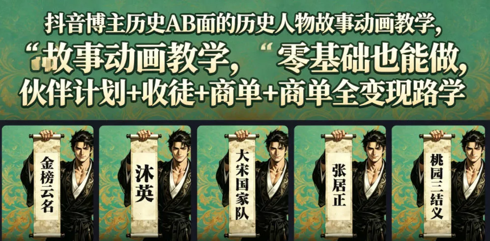 抖音博主历史AB面的历史人物故事动画教学，零基础也能做，伙伴计划+收徒+商单全变现路径教学-泡泡网赚