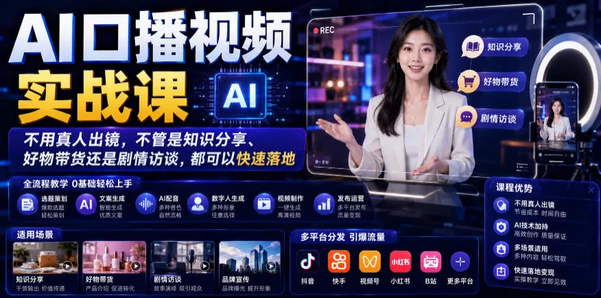 AI口播视频实战课，不用真人出镜，不管是知识分享、好物带货还是剧情访谈，都可以快速落地-泡泡网赚