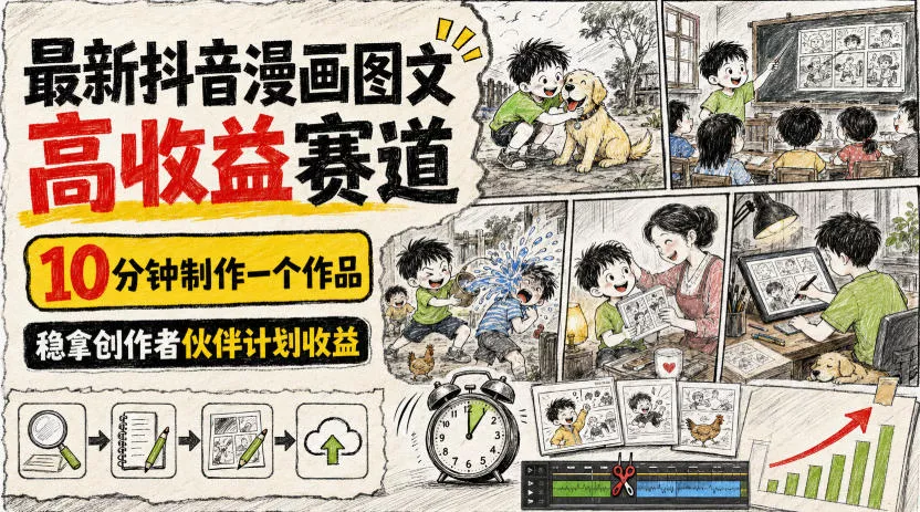 最新抖音漫画图文高收益赛道，10分钟制作一个作品，稳拿创作者伙伴计划收益-泡泡网赚
