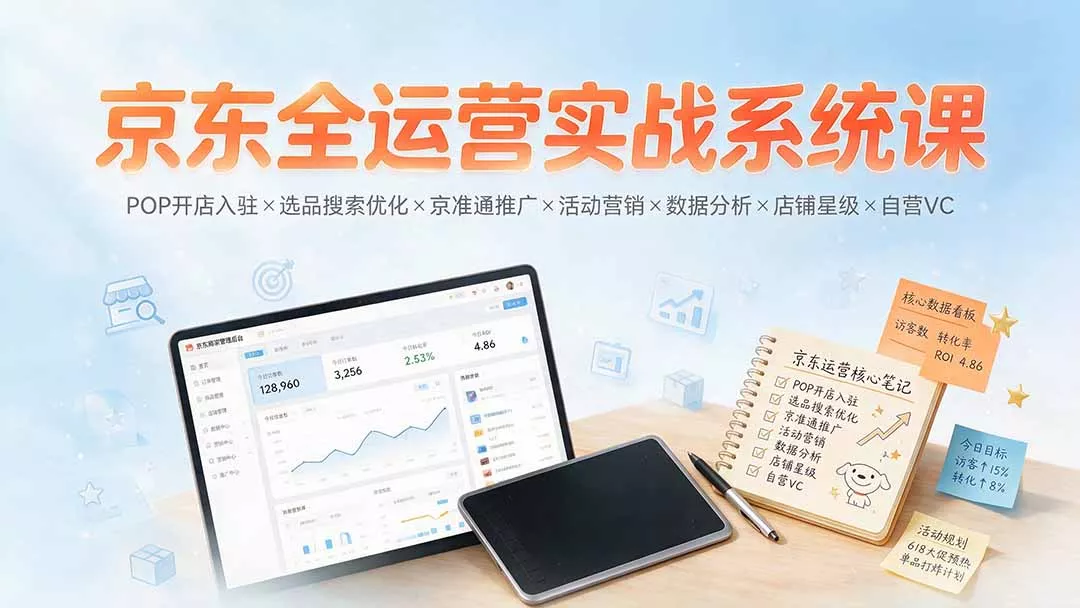 京东全运营实战系统课：POP开店入驻×选品搜索优化×京准通推广×活动营销×数据分析×店铺星级×自营VC-泡泡网赚