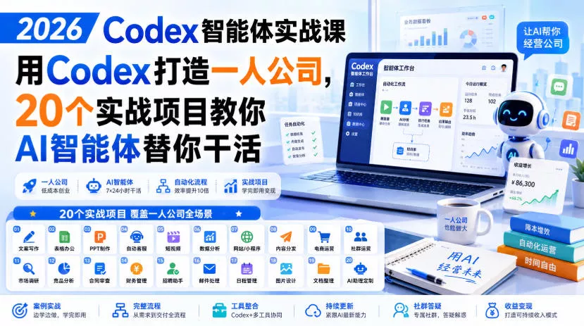 2026 Codex智能体实战课，用Codex打造一人公司，20个实战项目教你AI智能体替你干活-泡泡网赚
