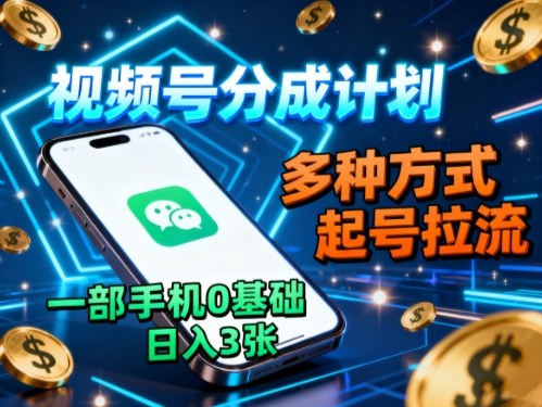 视频号分成计划，多种方式起号拉流，一部手机0基础日入3张-泡泡网赚