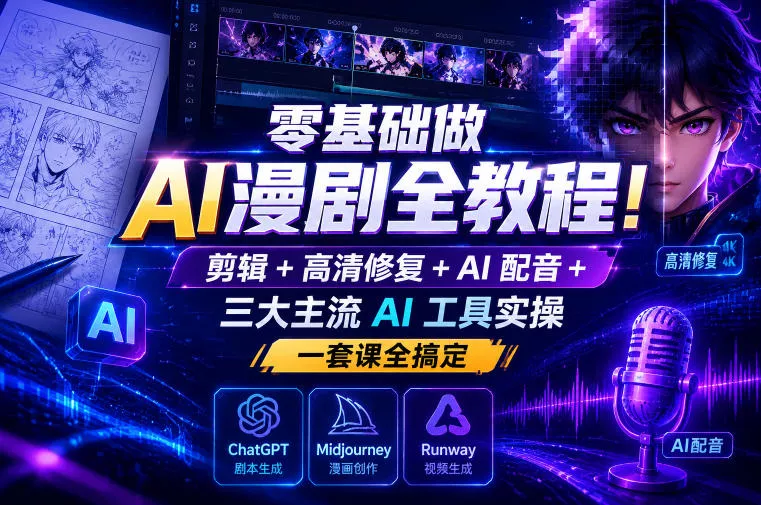 零基础做AI漫剧全教程！剪辑+高清修复+AI配音+三大主流AI工具实操，一套课全搞定-泡泡网赚