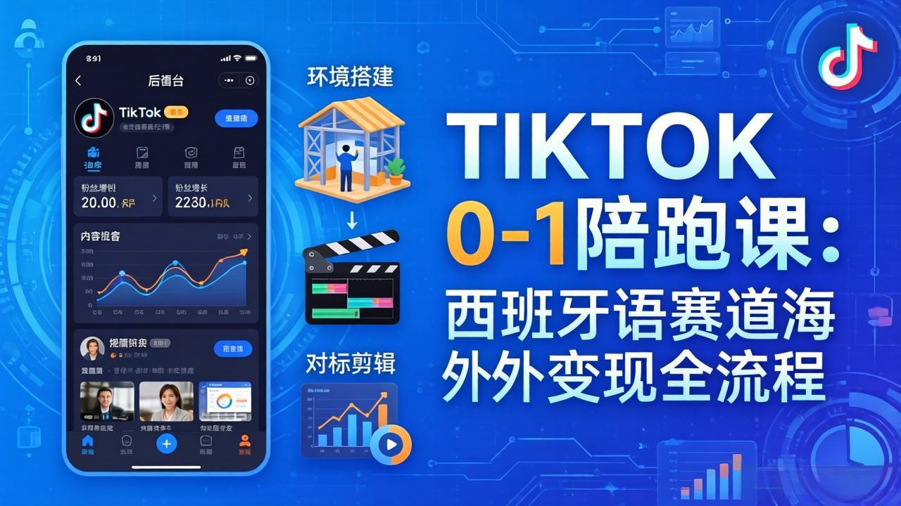 TIKTOK 0-1 陪跑课：从环境搭建到刷对标剪辑，西班牙语赛道海外变现全流程-泡泡网赚