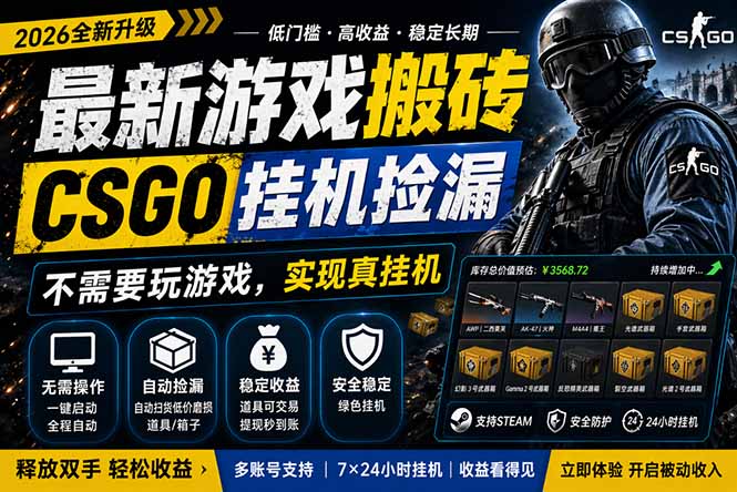 最新游戏搬砖，CSGO纯挂机，不需要玩游戏，实现真挂机，月入1W+，五一小高峰上车可吃肉，…-泡泡网赚