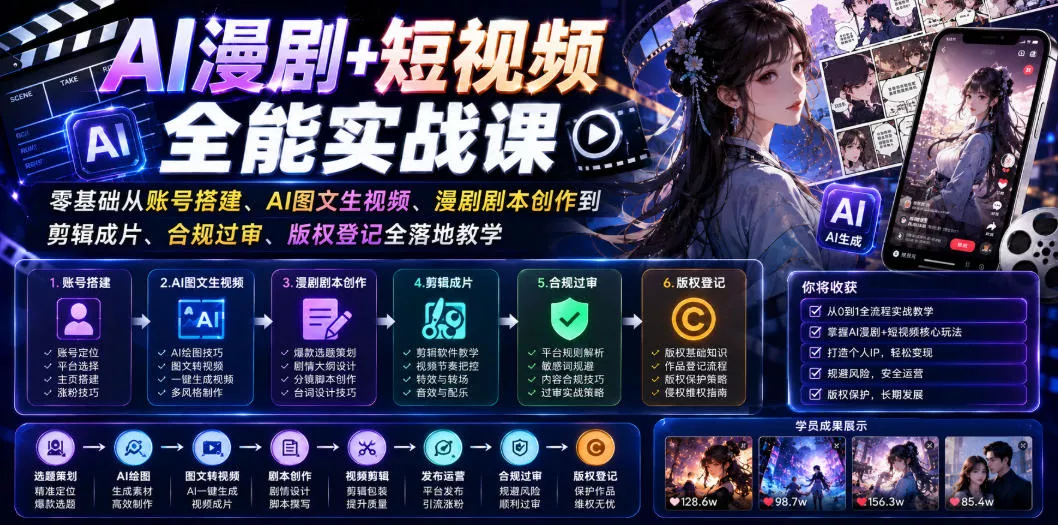 AI漫剧+短视频全能实战课｜零基础从账号搭建、AI图文生视频、漫剧剧本创作到剪辑成片、合规过审、版权登记全落地教学-泡泡网赚