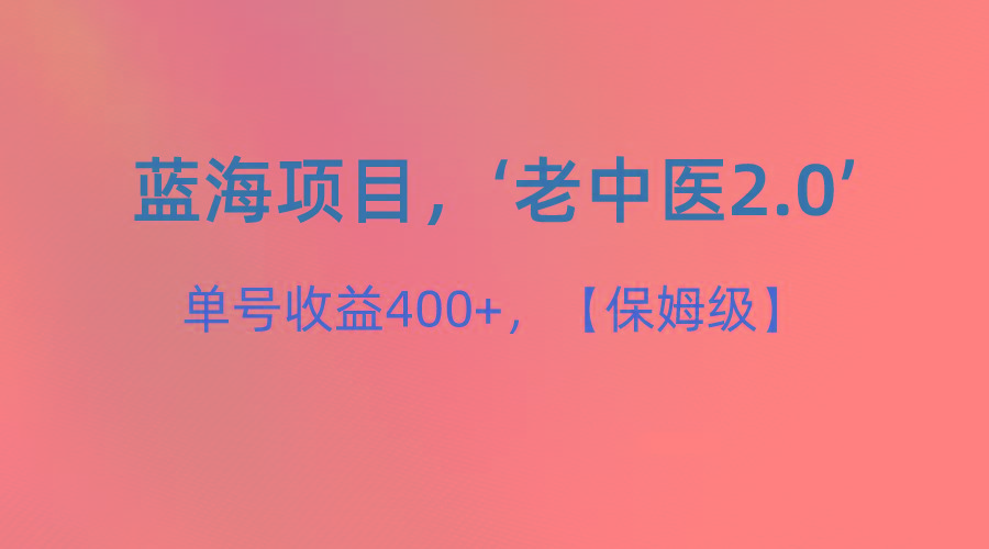 蓝海项目，“小红书老中医2.0”，单号收益400+，保姆级教程-泡泡网赚