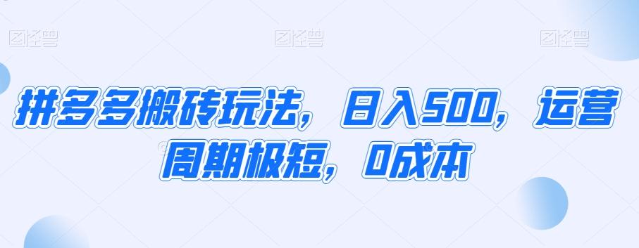 拼多多搬砖玩法，日入500，运营周期极短，0成本-泡泡网赚