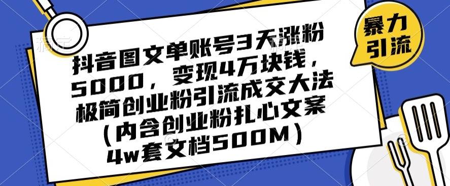 抖音图文单账号3天涨粉5000，变现4万块钱，极简创业粉引流成交大法-泡泡网赚